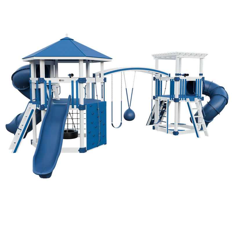 Explorer swing set in white and blue, front