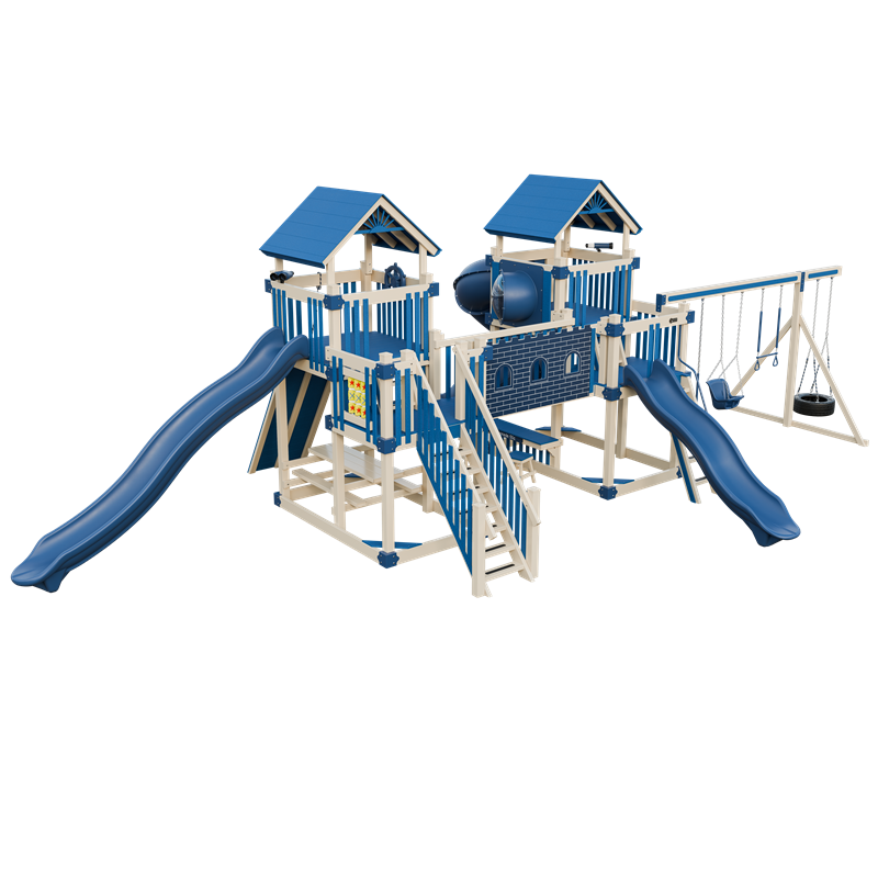 Fortress swing set in almond and blue, front left