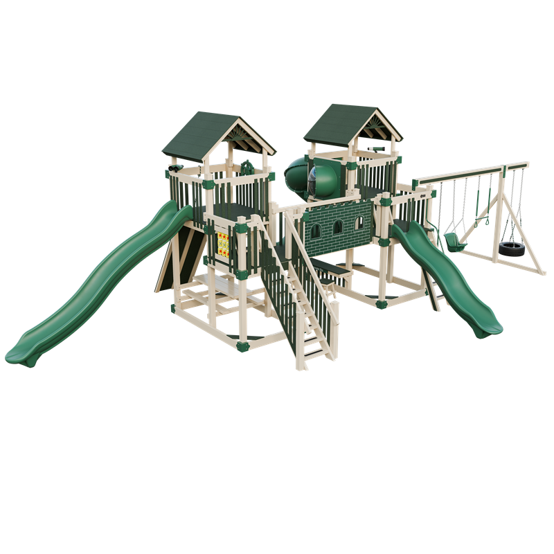 Fortress swing set in almond and green, front left