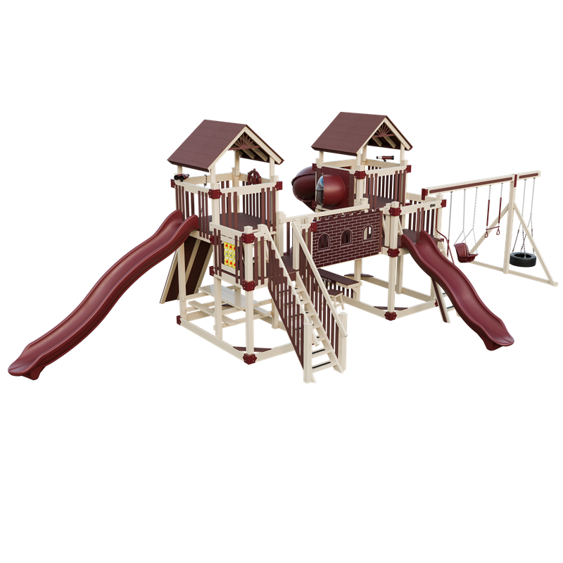 Fortress swing set in almond and red, front left