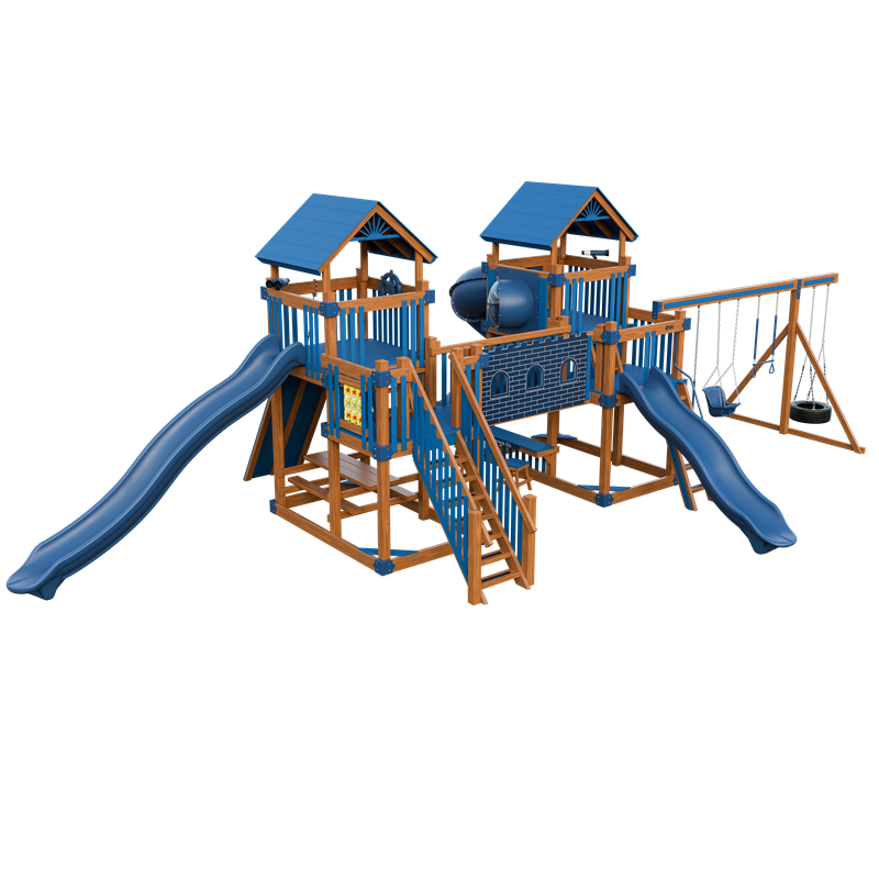 Fortress swing set in wood grain and blue, front left