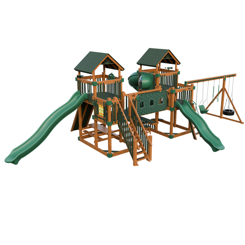 Fortress swing set in wood grain and green, front left