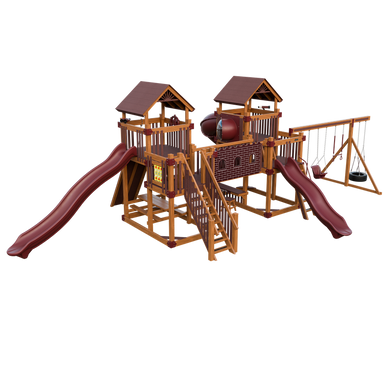 Fortress swing set in wood grain and red, front left