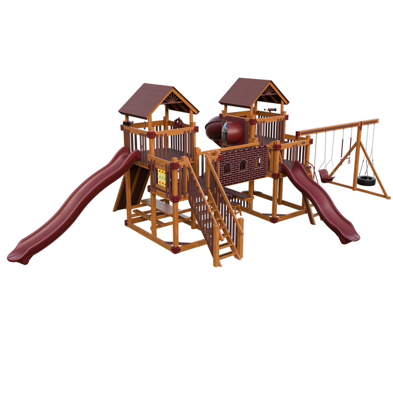 Fortress swing set in wood grain and red, front left