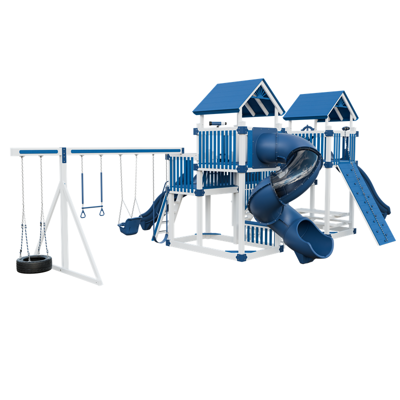 Fortress swing set in white and blue, back left