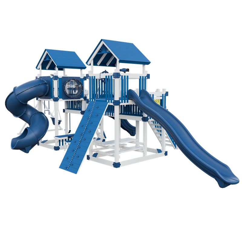 Fortress swing set in white and blue, back right