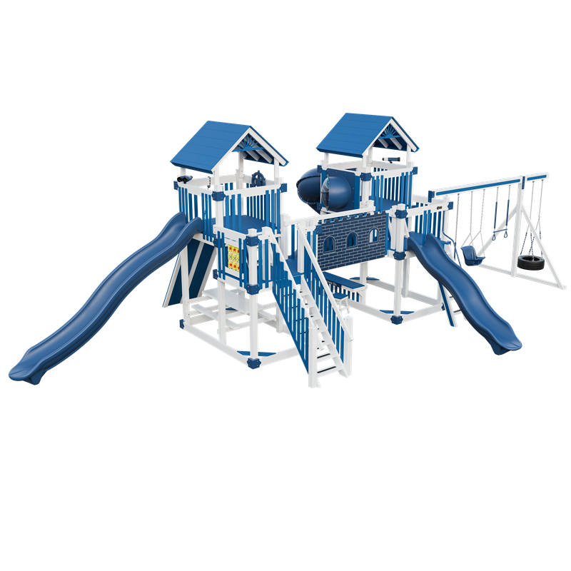 Fortress swing set in white and blue, front left