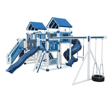 Fortress swing set in white and blue, front right