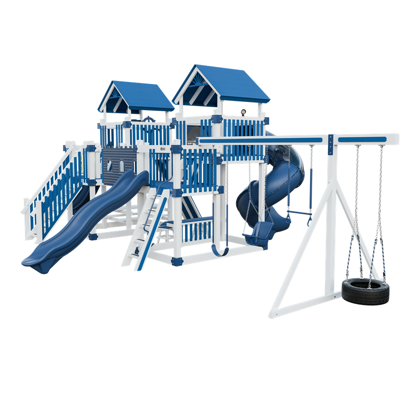 Fortress swing set in white and blue, front right