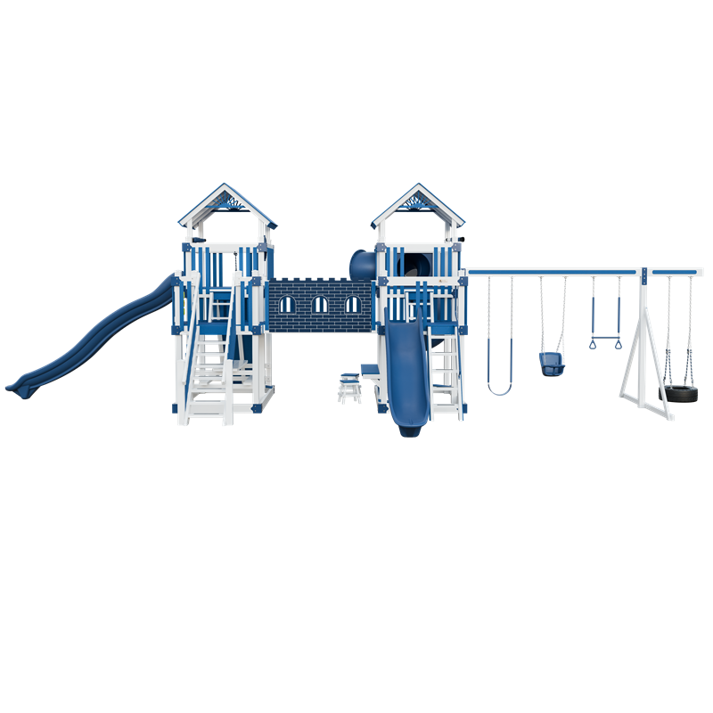 Fortress swing set in white and blue, front