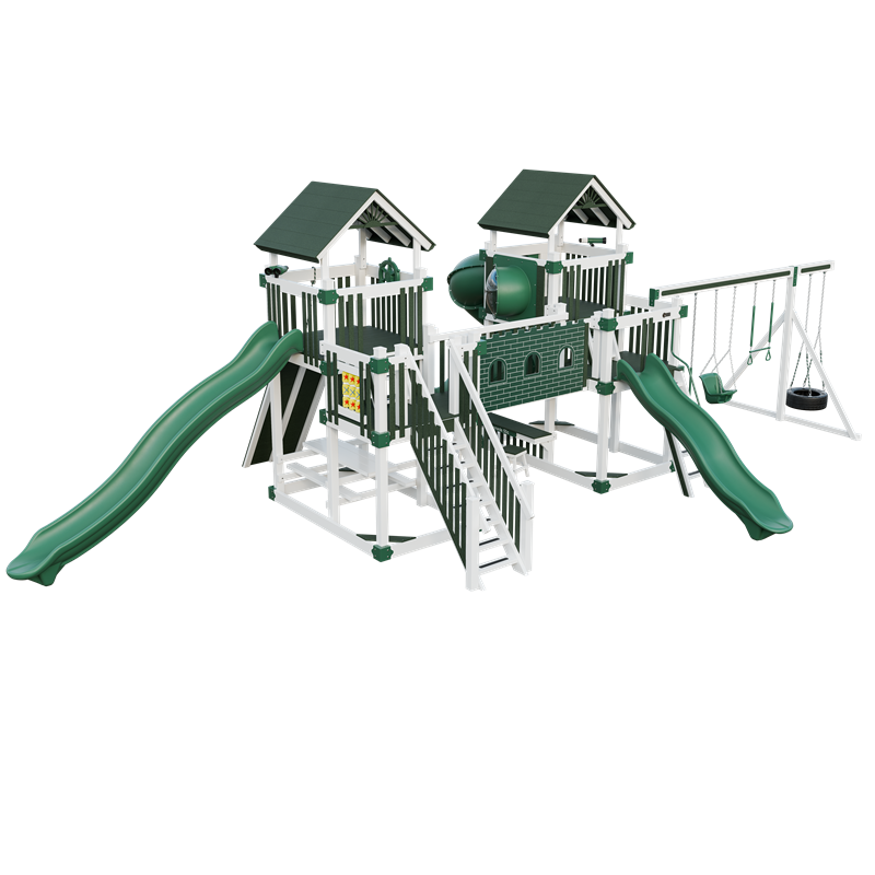 Fortress swing set in white and green, front left