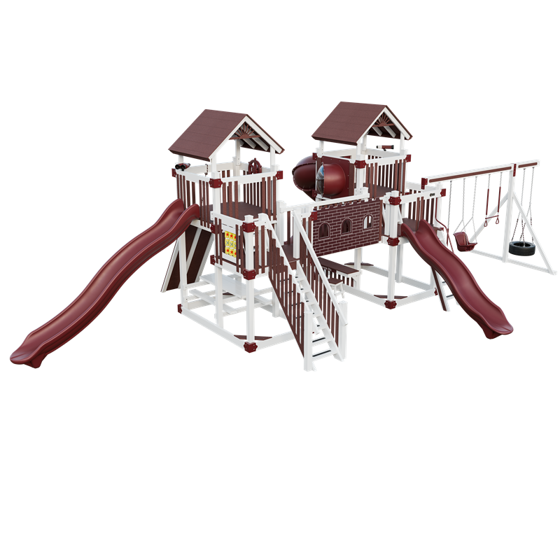 Fortress swing set in white and red, front left