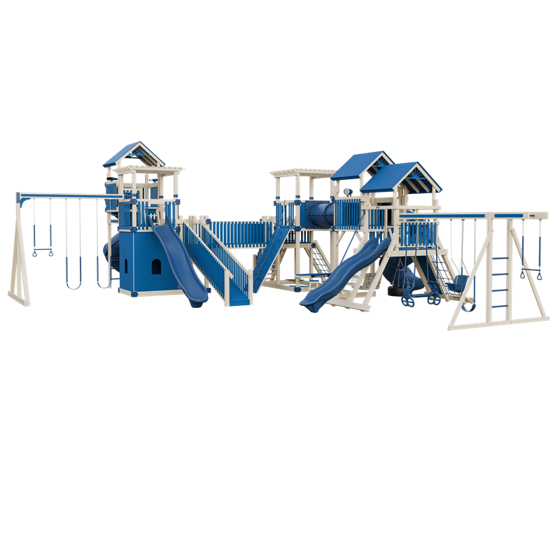 Kingdom swing set in almond and blue, front right