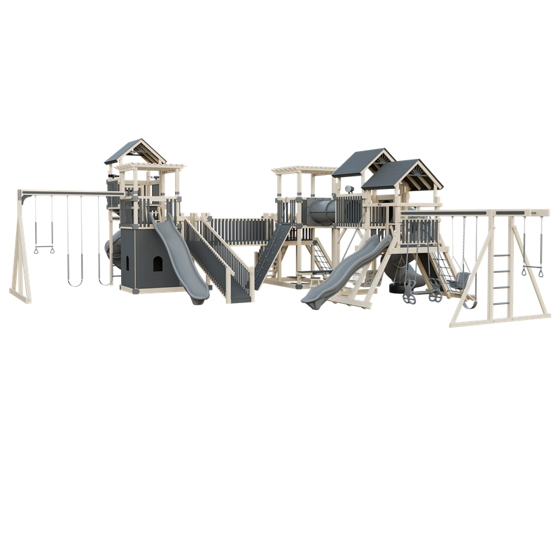 Kingdom swing set in almond and gray, front right