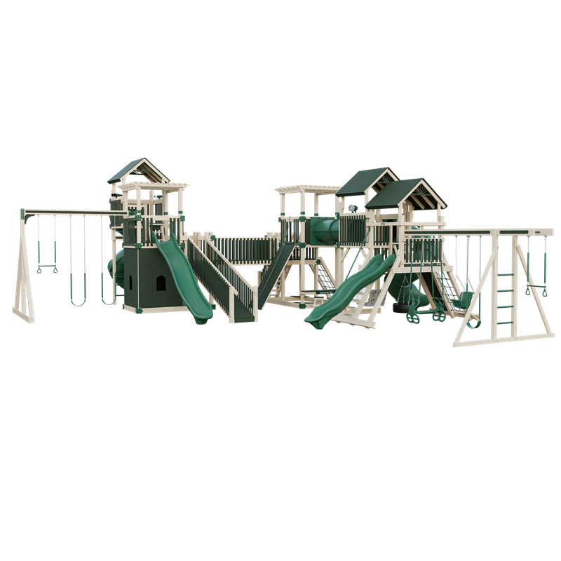 Kingdom swing set in almond and green, front right