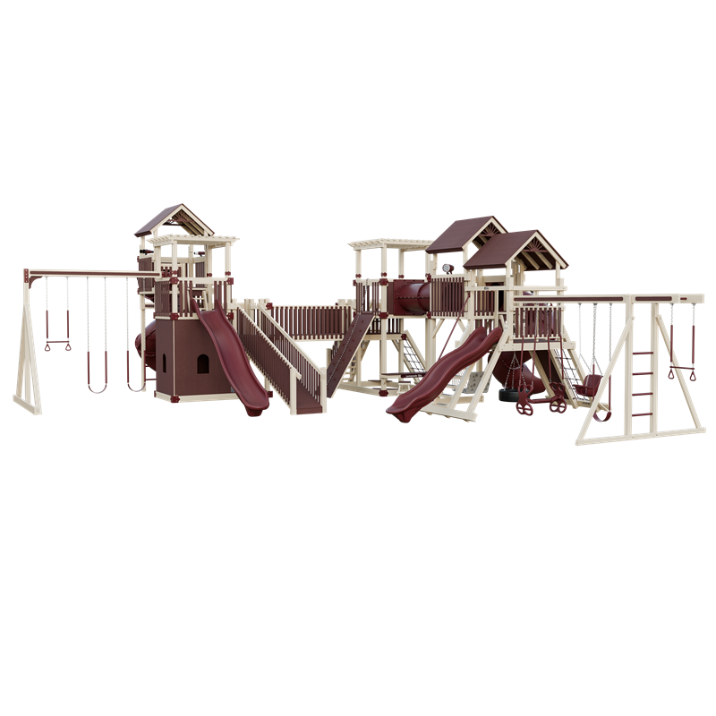 Kingdom swing set in almond and red, front right