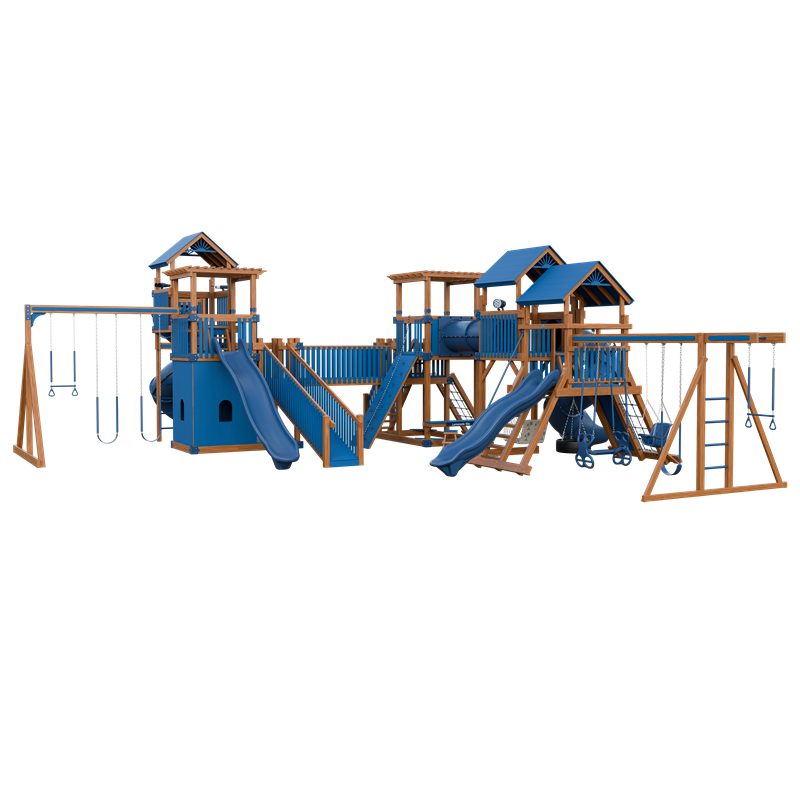 Kingdom swing set in wood grain and blue, front right