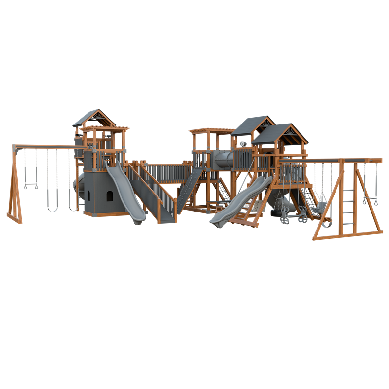 Kingdom swing set in wood grain and gray, front right