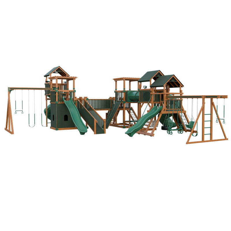 Kingdom swing set in wood grain and green, front right