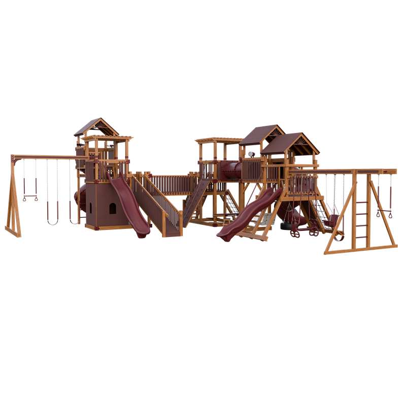 Kingdom swing set in wood grain and red, front right