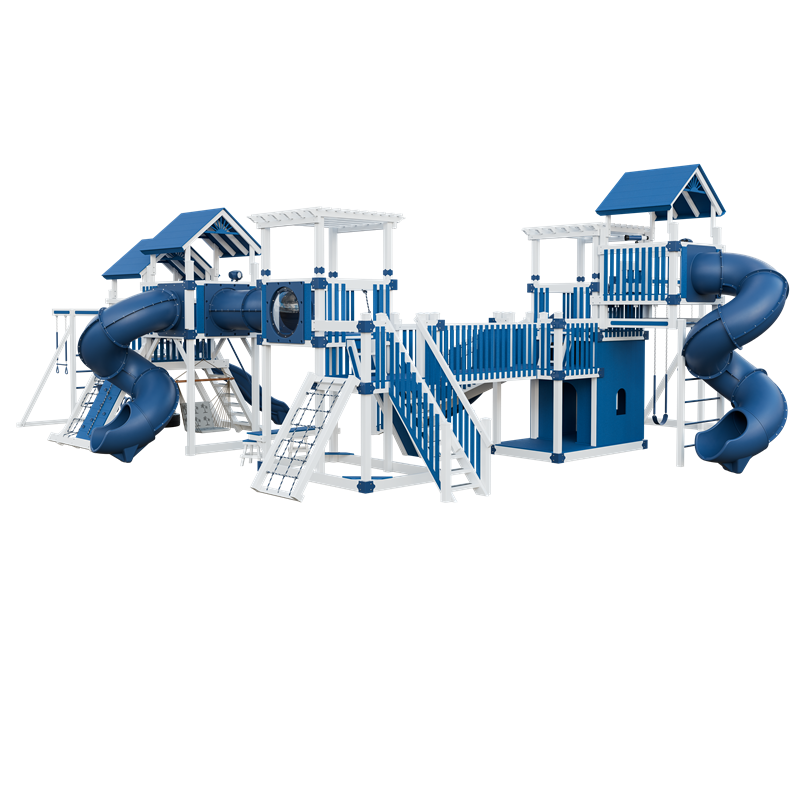 Kingdom swing set in white and blue, back right