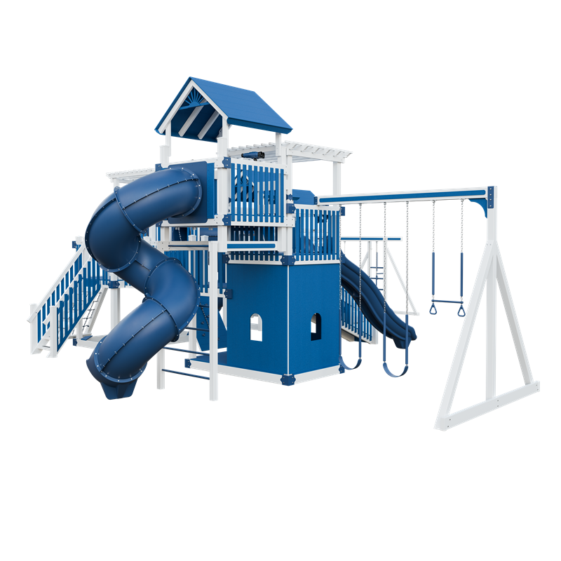 Kingdom swing set in white and blue, front left