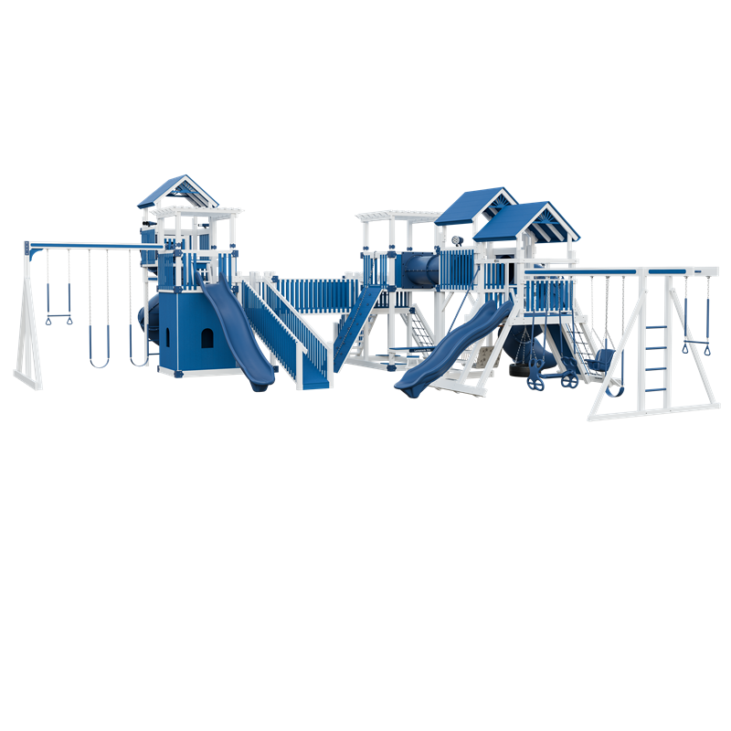 Kingdom swing set in white and blue, front right