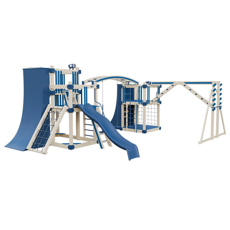 Obstacle Course swing set in almond and blue, front left