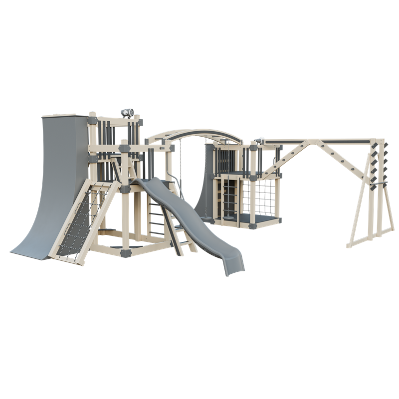 Obstacle Course swing set in almond and gray, front left