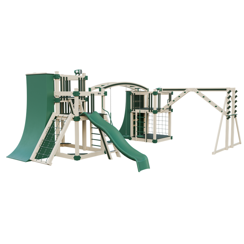 Obstacle Course swing set in almond and green, front left