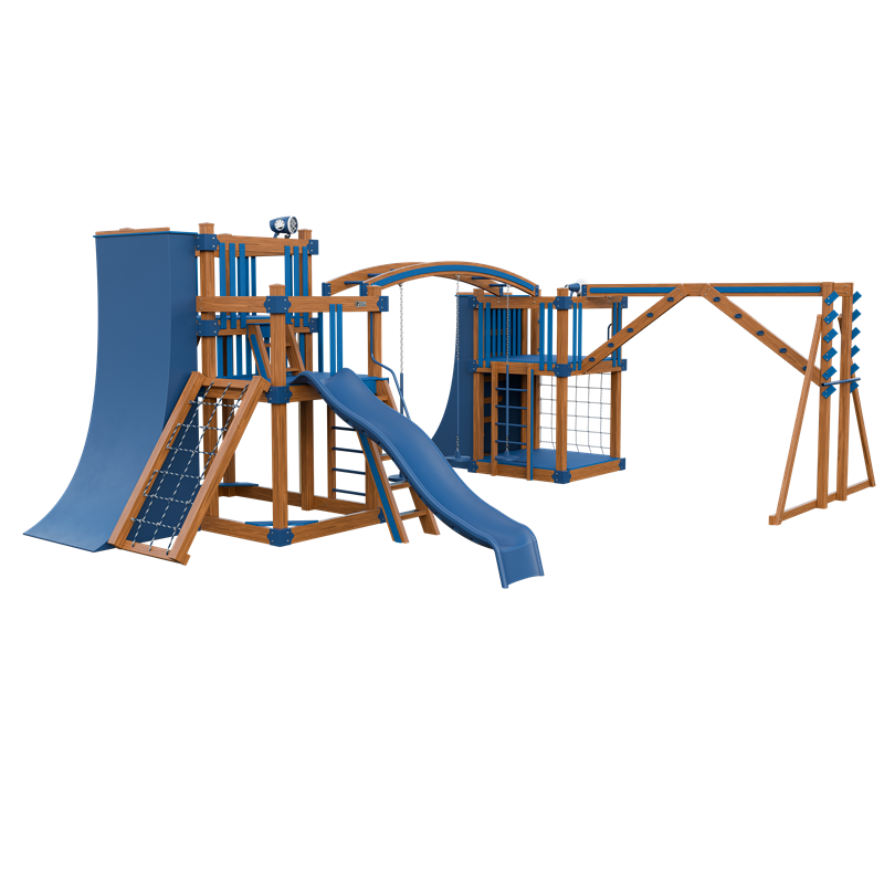 Obstacle Course swing set in wood grain and blue, front left