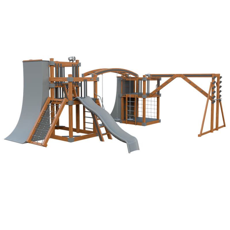 Obstacle Course swing set in wood grain and gray, front left