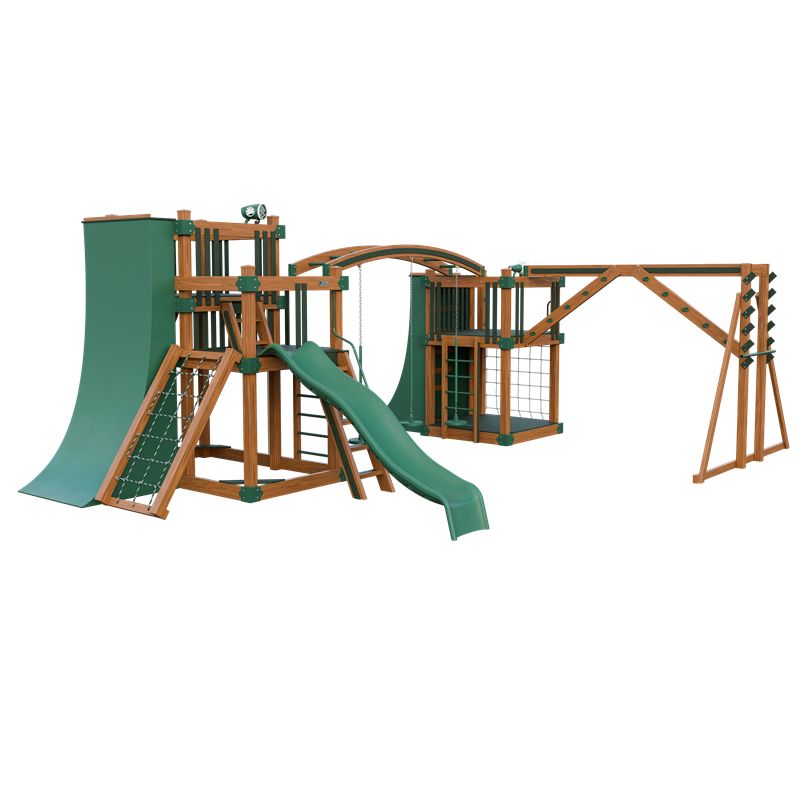 Obstacle Course swing set in wood grain and green, front left