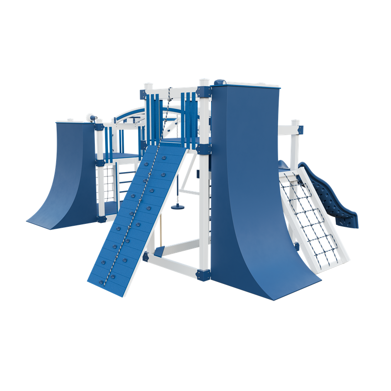 Obstacle Course swing set in white and blue, back right