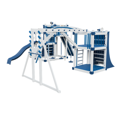 Obstacle Course swing set in white and blue, front right