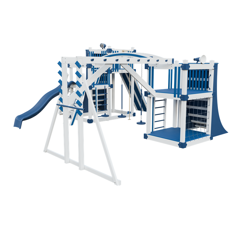 Obstacle Course swing set in white and blue, front right