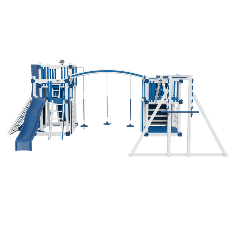 Obstacle Course swing set in white and blue, front