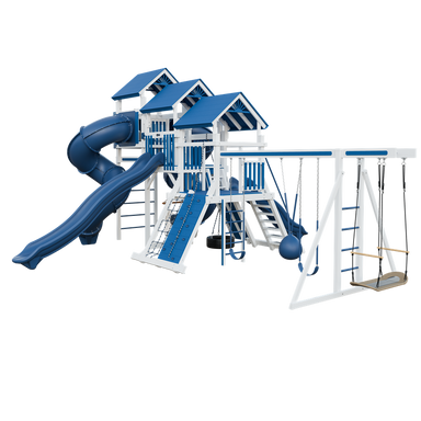 Pinnacle swing set in white and blue, front right