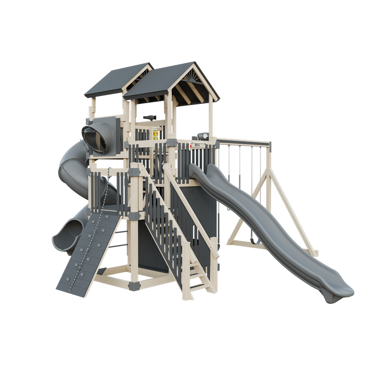 Summit swing set in almond and gray, front left