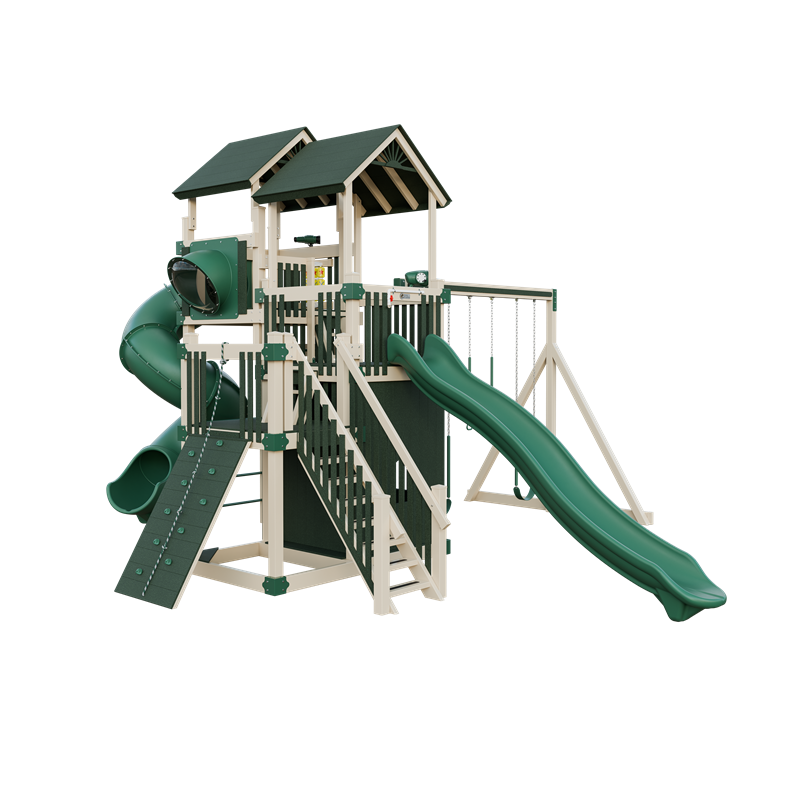 Summit swing set in almond and green, front left