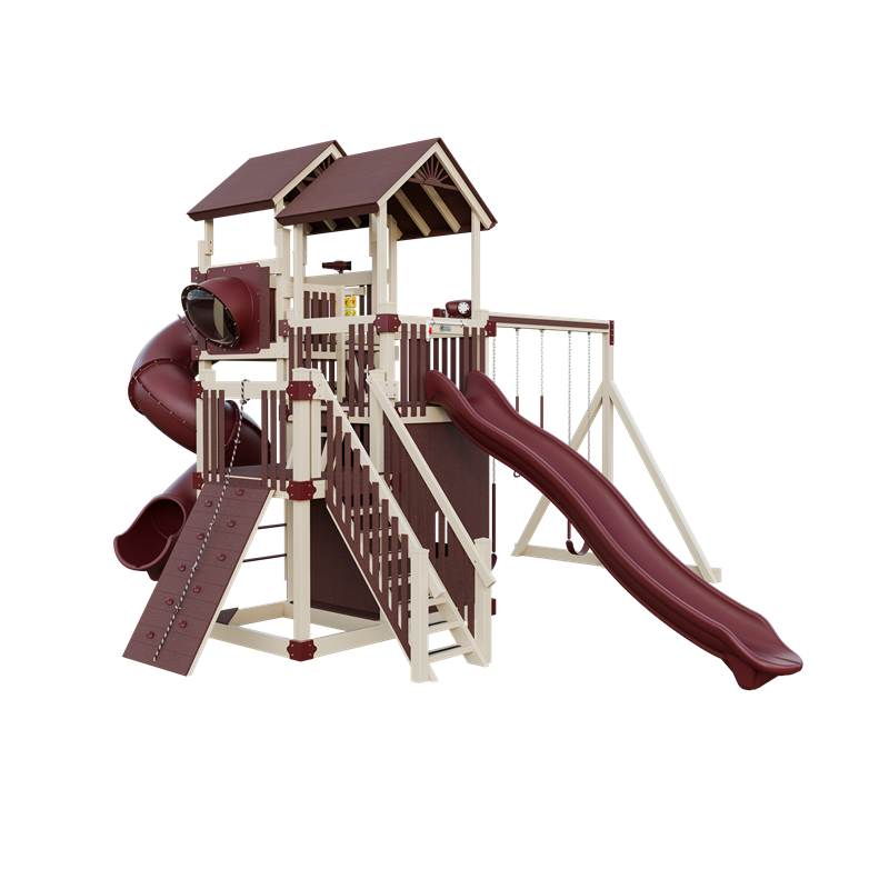 Summit swing set in almond and red, front left