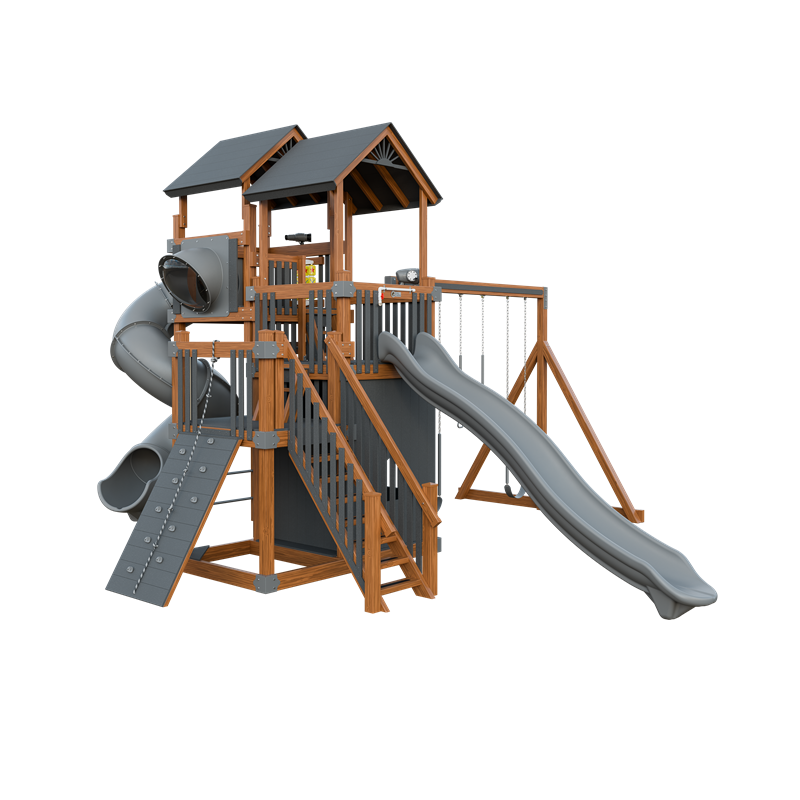 Summit swing set in wood grain and gray, front left