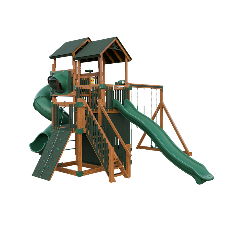 Summit swing set in wood grain and green, front left