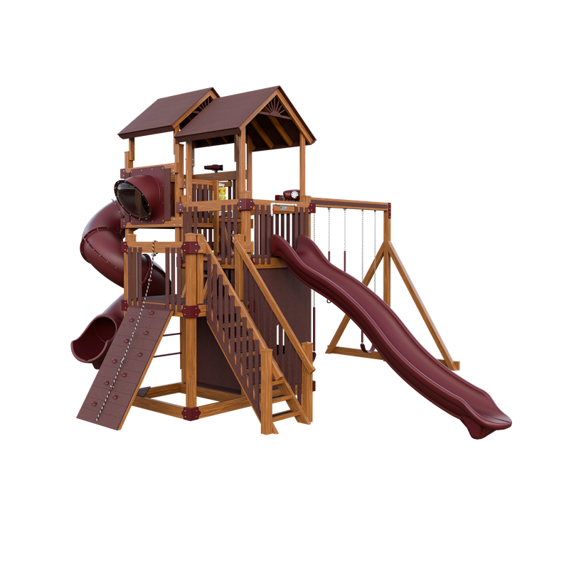 Summit swing set in wood grain and red, front left