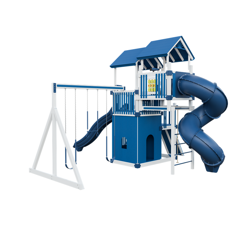 Summit swing set in white and blue, back left