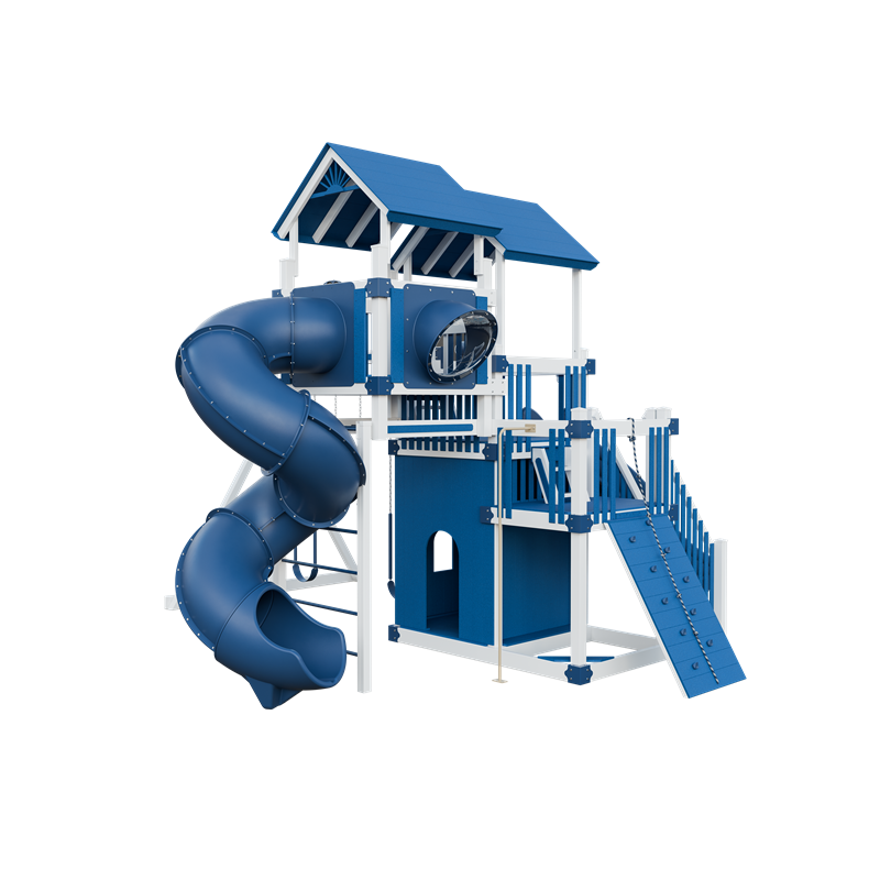 Summit swing set in white and blue, back right