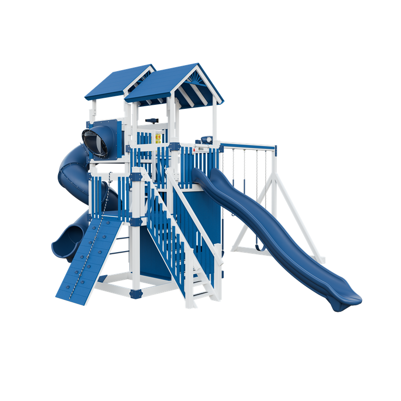 Summit swing set in white and blue, front left