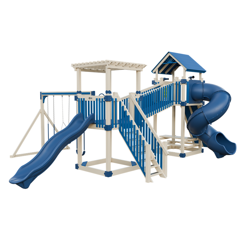 Traverse swing set in almond and blue, front right