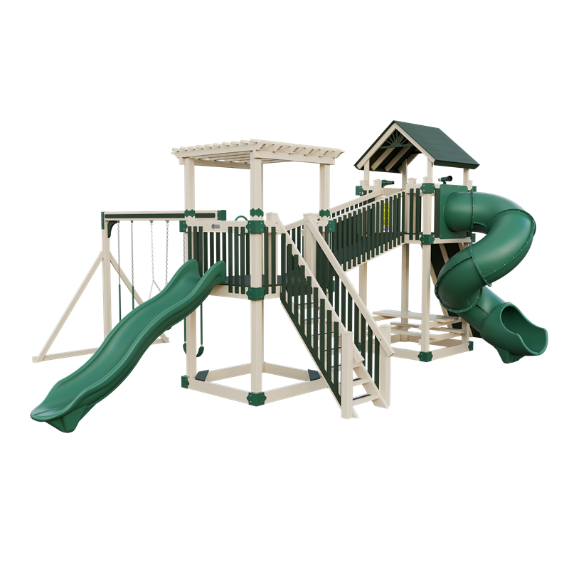 Traverse swing set in almond and green, front right