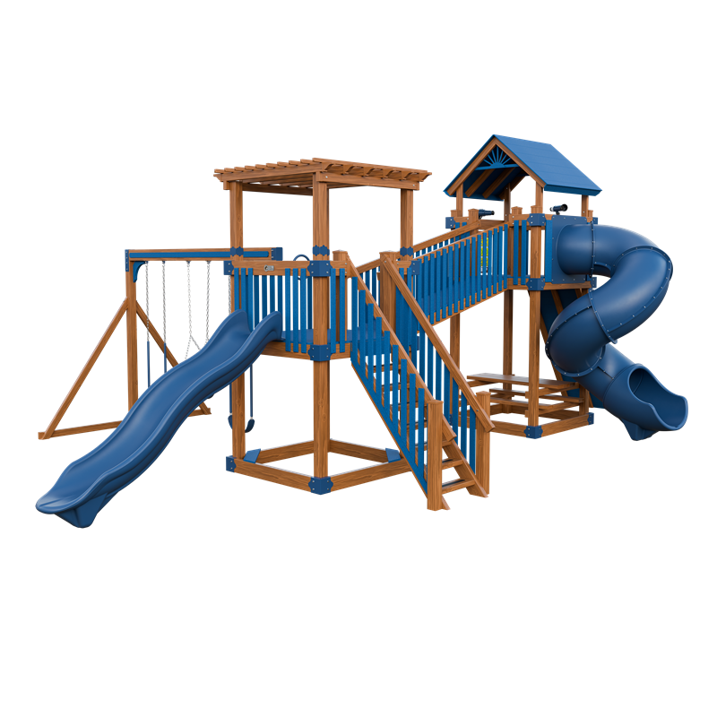 Traverse swing set in wood grain and blue, front right